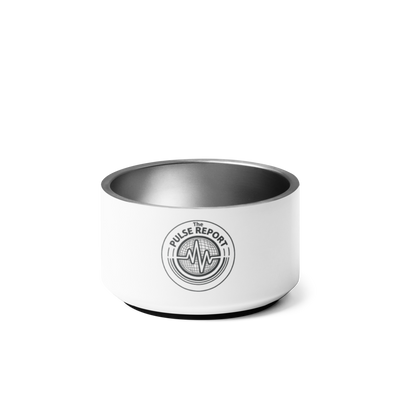 White and stainless steel pet bowl with Pulse Report logo, designed as the @Pulse Report Pet Bowl.