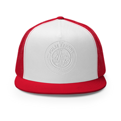 @Pulse Report 5 Panel Trucker Cap | Yupoong 6006 in white front panel with red bill and mesh back panel and embossed logo design
