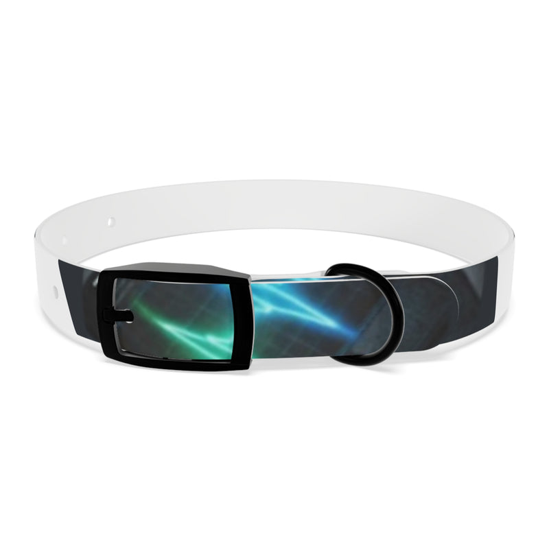 Neon Lightning Dog Collar with black buckle and ring, featuring glowing blue and green lightning design on black band.