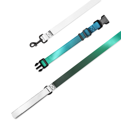 Three colored nylon straps with buckles and clips showing the @PulseReport-v2m Pet Collar & Leash design