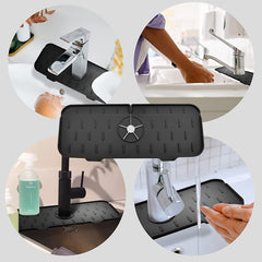 Black water-resistant Kitchen Faucet Mat placed under various modern faucets to protect sink surfaces from splashes.