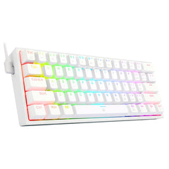 White Mini Mechanical Gaming Wired Keyboard with RGB backlit keys and compact tenkeyless design angled view