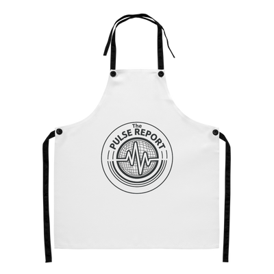 @Pulse Report All-Over Print Apron with black graphic logo and adjustable black straps on white fabric background