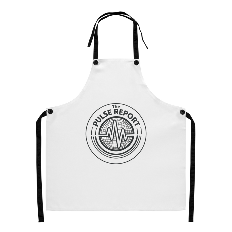 @Pulse Report All-Over Print Apron with black graphic logo and adjustable black straps on white fabric background