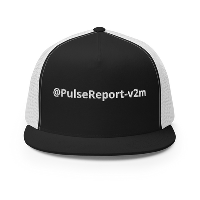 Black and white mesh trucker cap with embroidered text @PulseReport-v2m on front panel, @Pulse Report 5 Panel Trucker Cap | Yupoong 6006