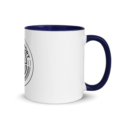 @Pulse Report White Ceramic Mug with Color Inside showing blue handle and inner color with partial logo visible