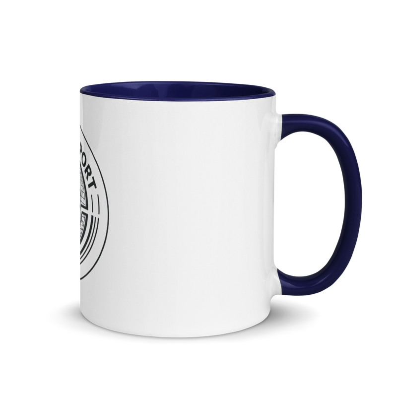 @Pulse Report White Ceramic Mug with Color Inside showing blue handle and inner color with partial logo visible