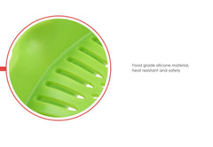 Close-up of green food grade silicone material with slotted design on Silicone Kitchen Snap N Strain Filter