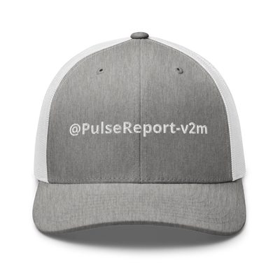 @PulseReport-v2m Retro Trucker Hat | Yupoong 6606 in gray with white mesh back and embroidered logo on front panel