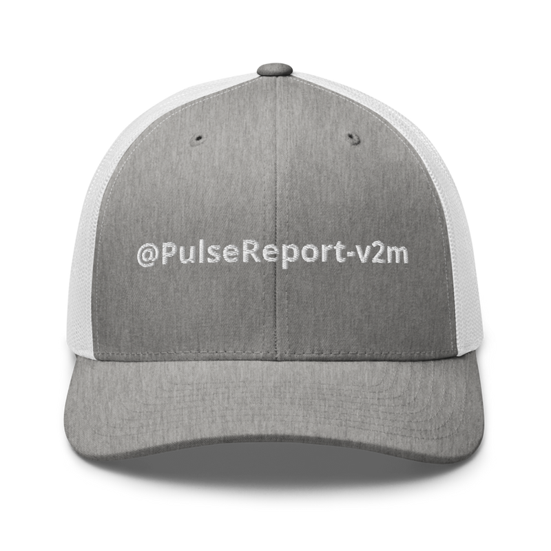 @PulseReport-v2m Retro Trucker Hat | Yupoong 6606 in gray with white mesh back and embroidered logo on front panel