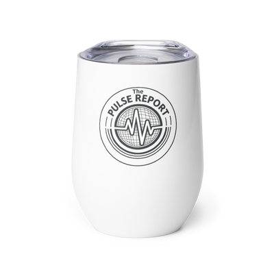 White insulated wine tumbler with clear lid and circular Pulse Report logo, called @Pulse Report Wine Tumbler.