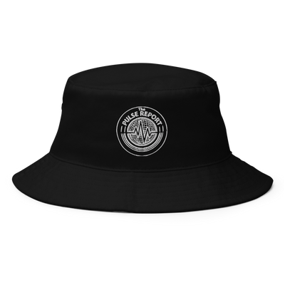 Black bucket hat with white circular logo and text 