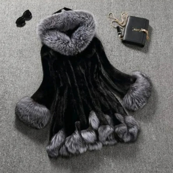 Black Faux Fur Mink Fur Coat with gray fur trim on hood, cuffs, and hem displayed on gray background