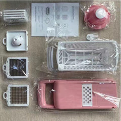 Vegetable Chopper Kitchen set with multiple white and pink attachments, slicer, dicer, grater, and instruction sheet.
