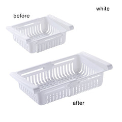 White extendable Shelf Kitchen Organizer showing compact and expanded sizes for customizable storage.