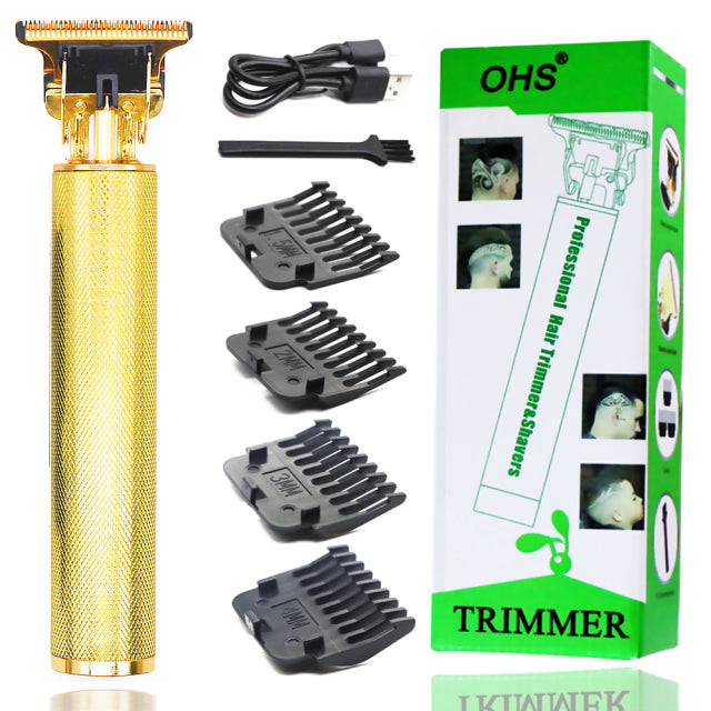 USB Vintage Electric Hair Trimmer in gold with four black comb attachments, cleaning brush, USB charging cable, and packaging box.