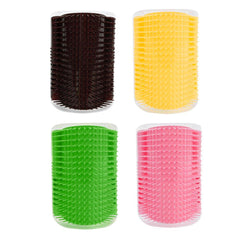 Four colorful plastic brushes with soft bristles for cats arranged in a grid, Cat Self Groomer Corner Brush