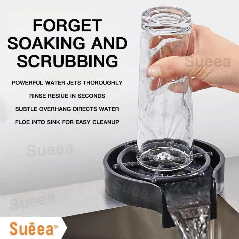 Hand holding glass rinsed with powerful water jets on Glass Rinser Automatic Cup Washer over sink for easy cleanup