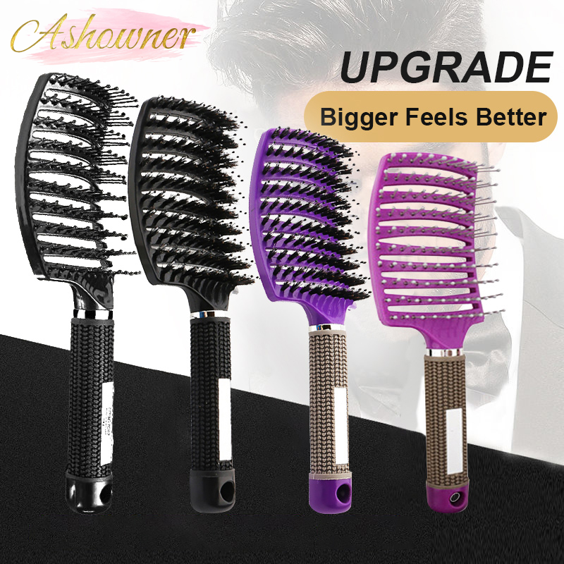 Four Massage Hair Comb brushes in black and purple with ergonomic handles and widely spaced bristles for scalp massage.