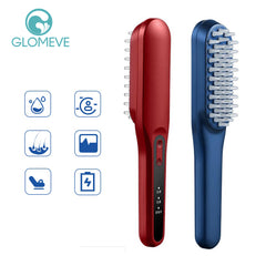 Red and blue Hair Growth Comb with bristles and control panel for scalp stimulation and hair care.