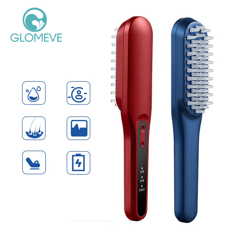 Red and blue Hair Growth Comb with bristles and control panel for scalp stimulation and hair care.