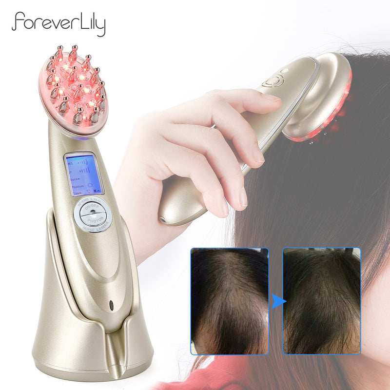 Electric Laser Hair Growth Comb Infrared EMS RF Vibration Massager Microcurrent Hair Care Hair Loss Treatment Hair Regrowth in use on scalp with results shown.