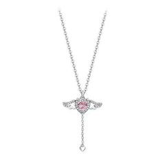 Heart Wings Necklace featuring a silver chain with a pink heart-shaped stone and winged pendant with dangling heart charm