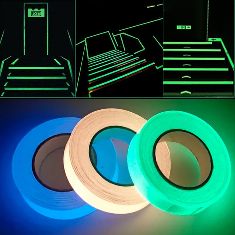 Glow In The Dark Sticker Tape applied on stairs and door edges for enhanced visibility and safety in dark environments.