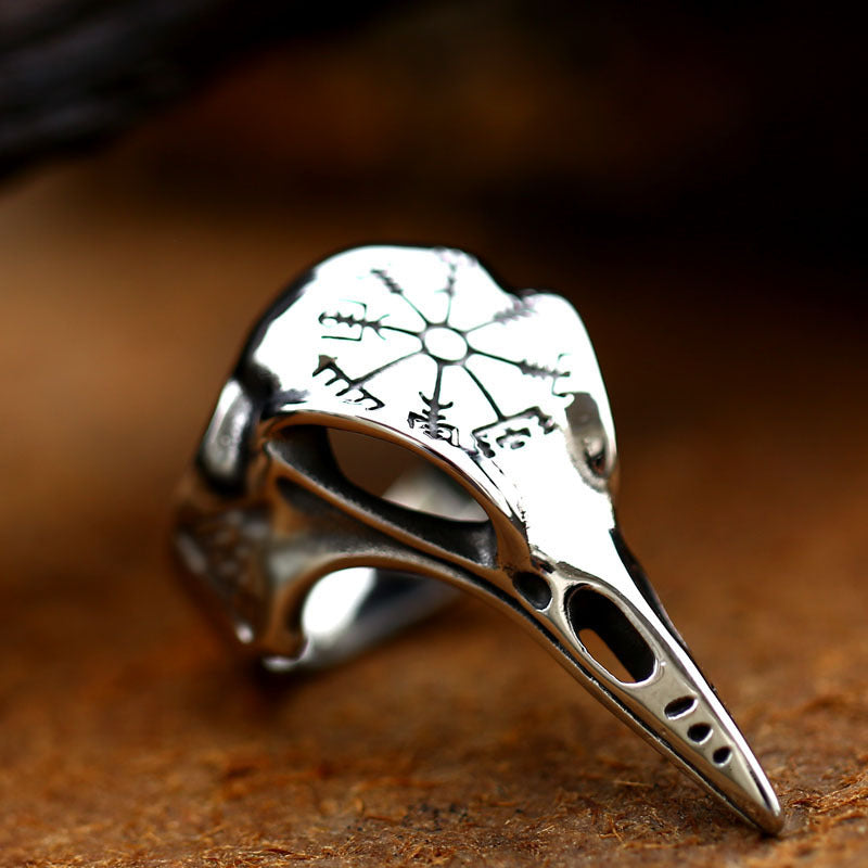 Silver Gothic Ring designed as a raven skull with engraved mystical symbols on the top surface
