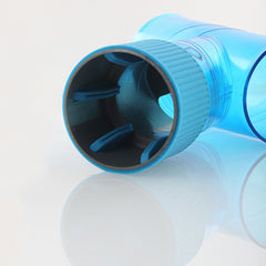 Close-up of the blue nozzle attachment of the DIY Hair Dryer showing its inner fan blades and plastic design.