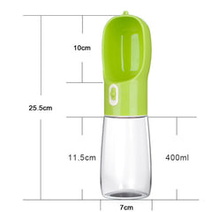 Green and transparent portable Pet Dog Water Bottle Feeder with measurement markings and 400ml capacity