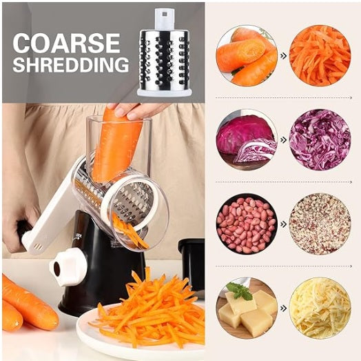 Kitchen Manual Grater shredding carrots, cabbage, peanuts, and cheese into coarse pieces with a rotary design.