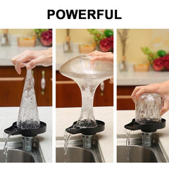 Hand washing different shaped glasses quickly with the Glass Rinser Automatic Cup Washer in a kitchen sink setup