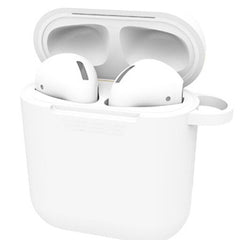 White Cartoon Cat AirPods Case holding white AirPods with an open lid and a side loop for attachment