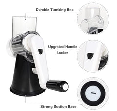 Kitchen Manual Grater with durable tumbler, upgraded handle locker, and strong suction base for stability.