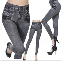 Women wearing high-waisted black stretch Denim Leggings styled with black high heels in multiple poses