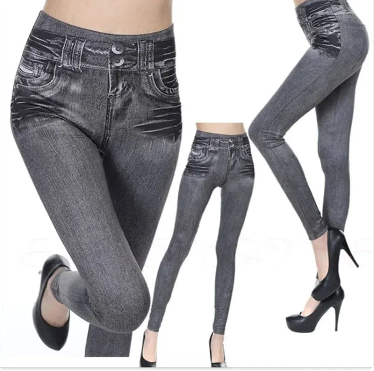 Women wearing high-waisted black stretch Denim Leggings styled with black high heels in multiple poses