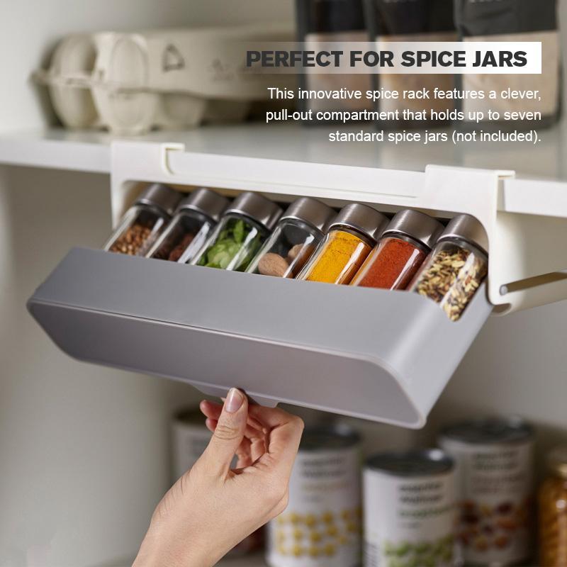 Kitchen Self-Adhesive Wall-Mounted Spice Organizer with pull-out compartment holding seven spice jars in a kitchen pantry.