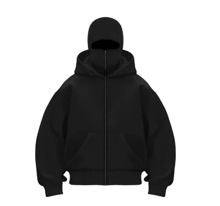 Black fleece-lined double hood sweater with front zipper and ribbed cuffs and hem.