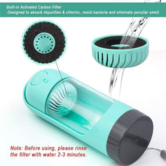 Portable Dog Drinker Bottle with built-in activated carbon filter for clean, purified water while on the go.