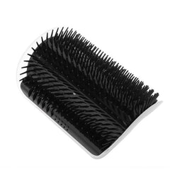 Black plastic grooming brush with flexible bristles designed as a Cat Self Groomer Corner Brush for cats.
