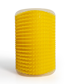 Cat Self Groomer Corner Brush with bright yellow bristles designed for cats to groom themselves easily in corners