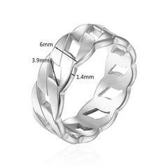 Cassie Ring in silver with an intricate braided pattern and detailed width measurements on a white background.