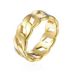 Cassie Ring featuring an elegant gold braided design with open geometric cutouts and a smooth polished finish.