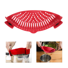 Red flexible silicone strainer clipping onto pot pouring water through Silicone Kitchen Snap N Strain Filter