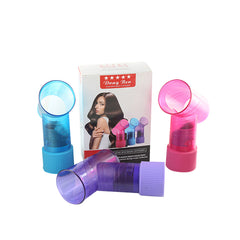 DIY Hair Dryer attachments in blue, purple, and pink with packaging featuring a woman with long hair on white background