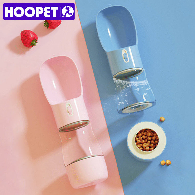 Two pet water bottle feeders in pink and blue with water and dog food, labeled Pet Dog Water Bottle Feeder.
