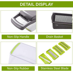 Close-up details of Vegetable Chopper Kitchen showing non-slip handle, drain basket, rubber base, and stainless steel blades.