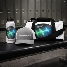 Gym locker room bench with a sports duffel bag, a cap, and a water bottle featuring a blue pulse heartbeat graphic and text logo.