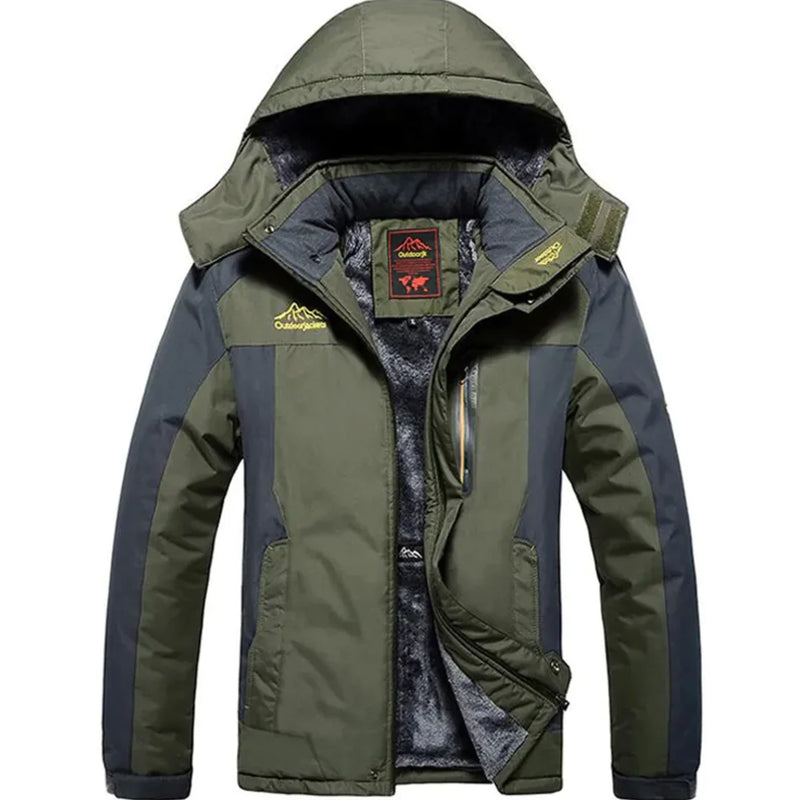 Men's Plus Size Winter Assault Jacket in olive green with dark gray panels and a hood, unzipped to show soft inner lining